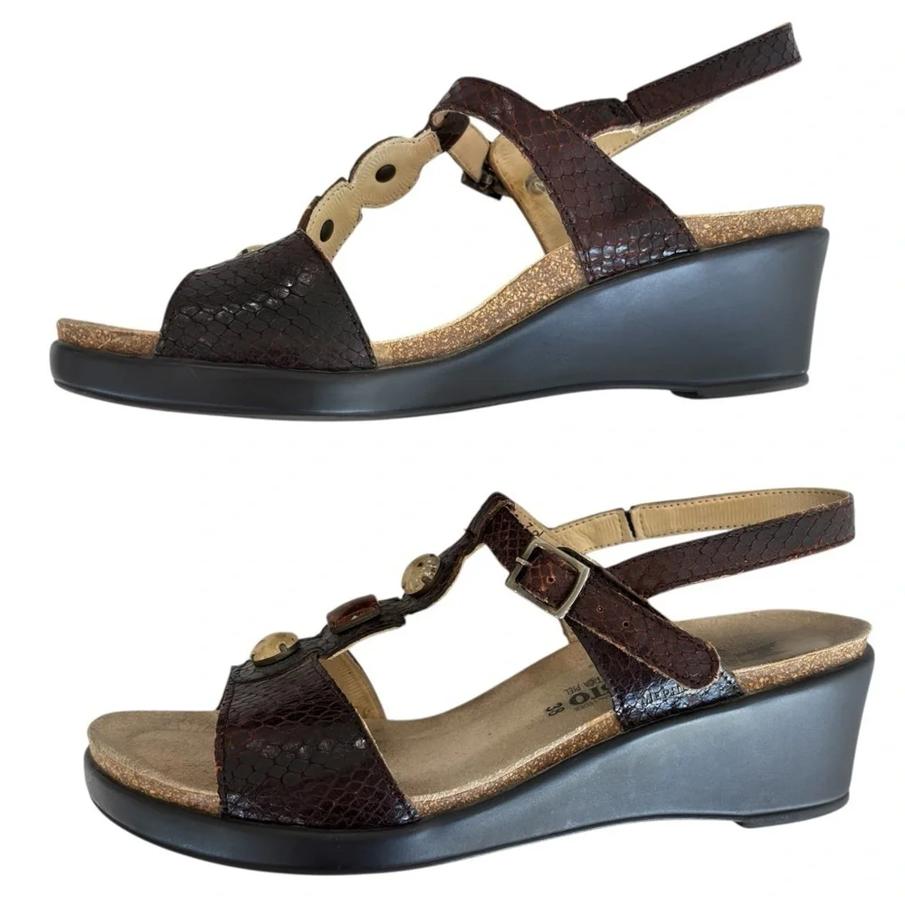 Mephisto Slingback Wedge Sandals Brown Jeweled Comfort Shoe Size 38 US 7.5 / 8